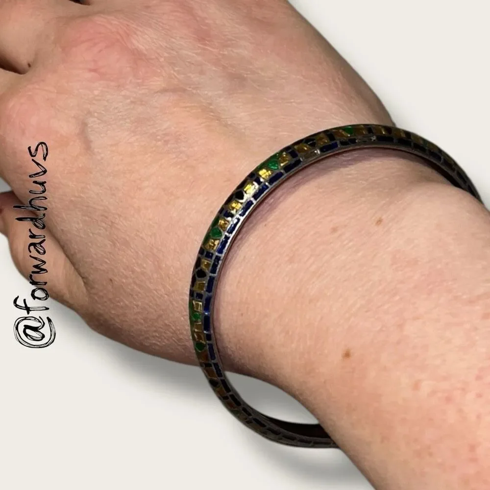 Sterling Silver Bangle – Meenakari Enamel Mosaic – 925 Marked